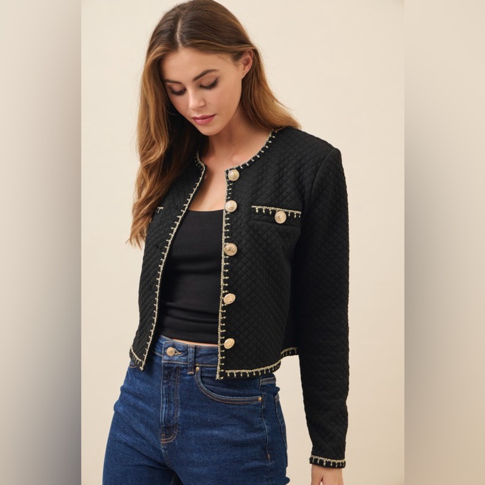 Black Quilted Jacket with Gold Accents